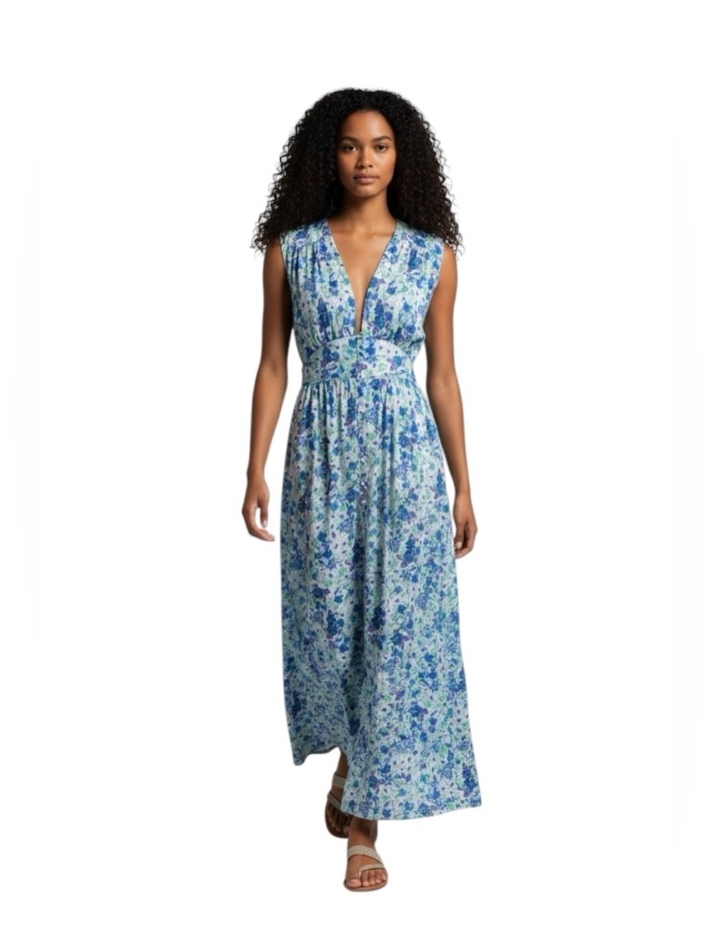 Zara Blue and White Floral Deep V Maxi Dress Size/S